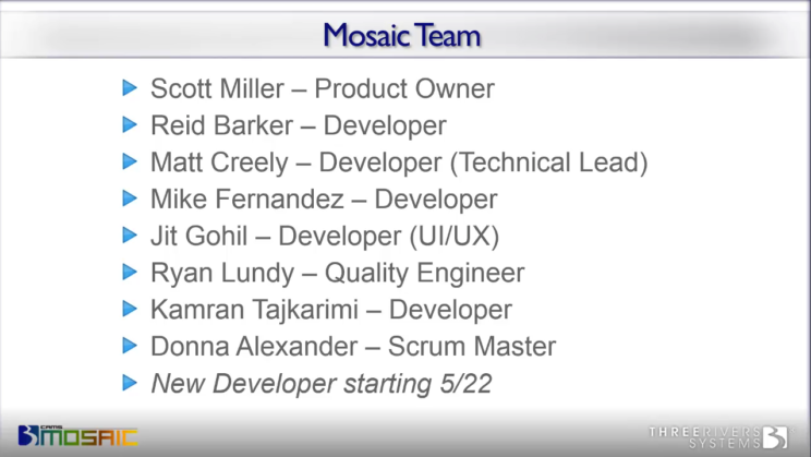 A PowerPoint slide denoting the initial members of the Mosaic team.