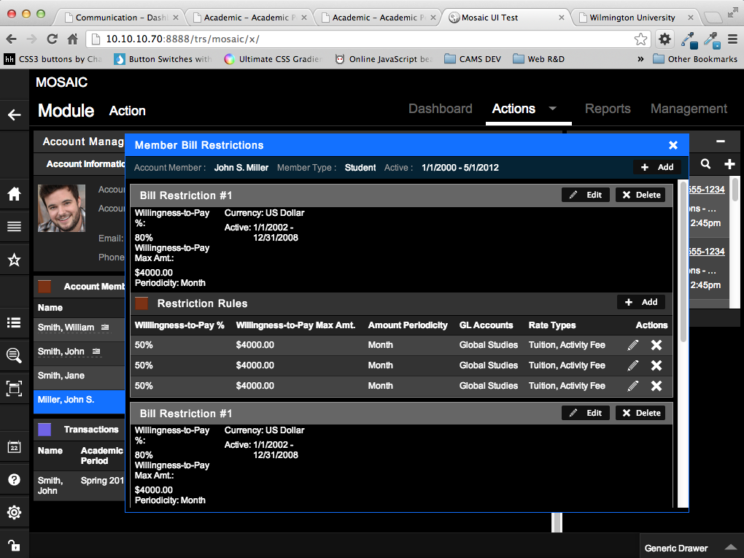 This image depicts version 1 of the Student Management interface and user experience from circa 2013.