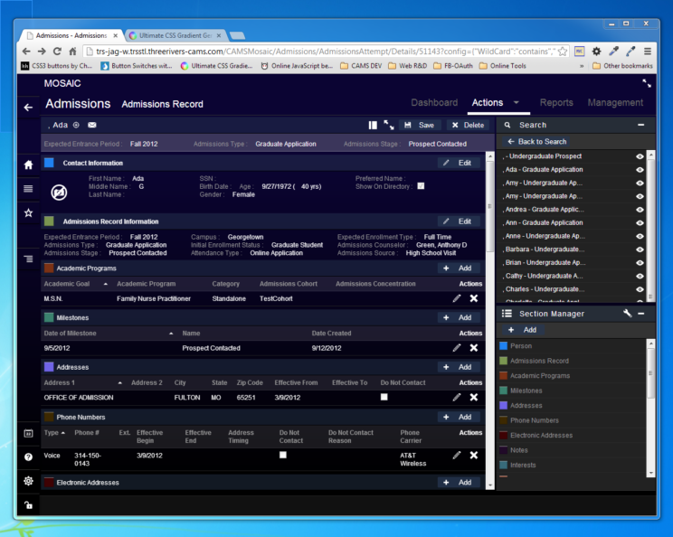 This image depicts version 1 of the Student Management interface and user experience from circa 2013.