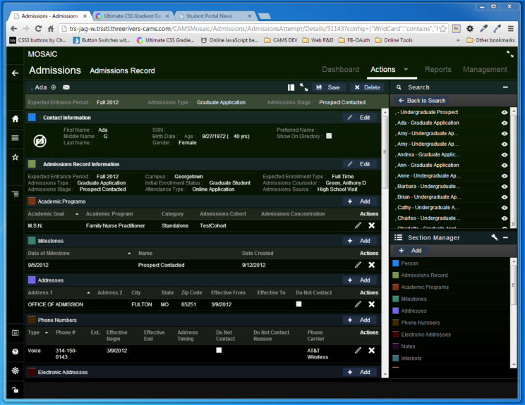 This image depicts version 1 of the Student Management interface and user experience from circa 2013.