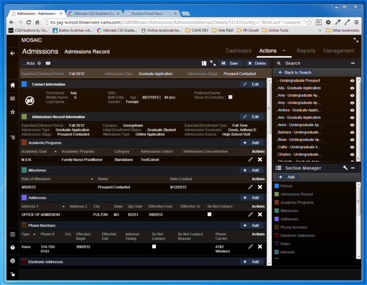 This image depicts version 1 of the Student Management interface and user experience from circa 2013.