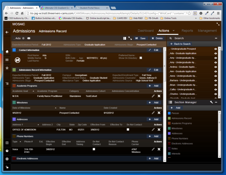 This image depicts version 1 of the Student Management interface and user experience from circa 2013.