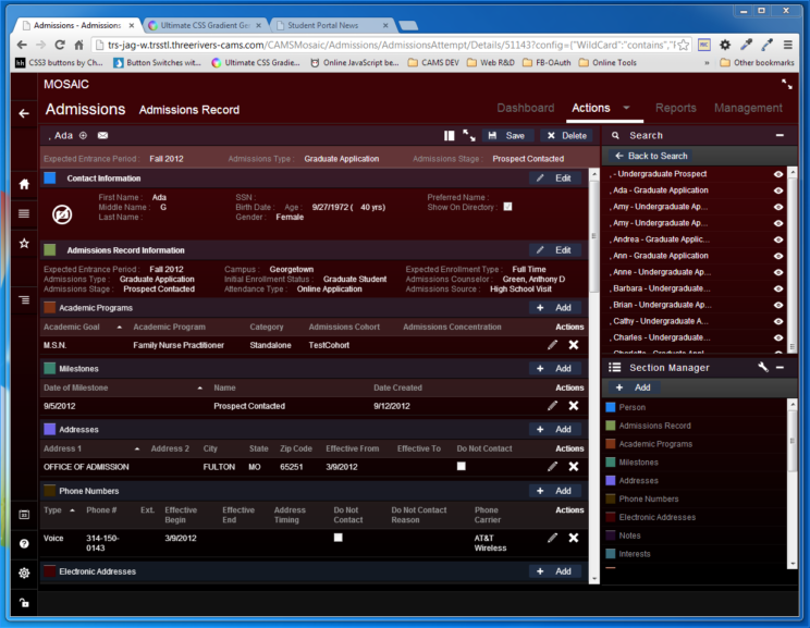 This image depicts version 1 of the Student Management interface and user experience from circa 2013.