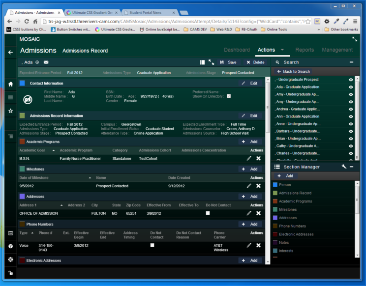This image depicts version 1 of the Student Management interface and user experience from circa 2013.