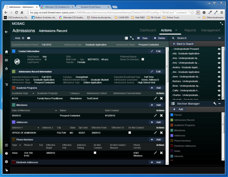 This image depicts version 1 of the Student Management interface and user experience from circa 2013.