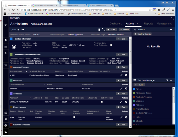 This image depicts version 1 of the Student Management interface and user experience from circa 2013.