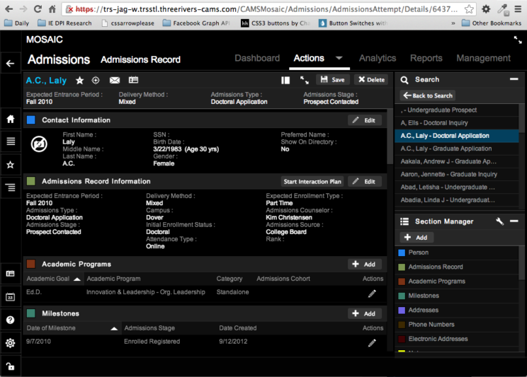 This image depicts version 1 of the Student Management interface and user experience from circa 2013.