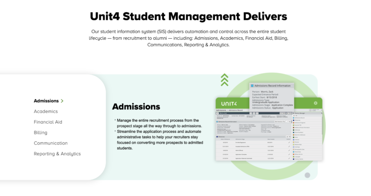 A screenshot from the official Unit4 Student Management Product Page listing the various modules and functionality of Student Management.