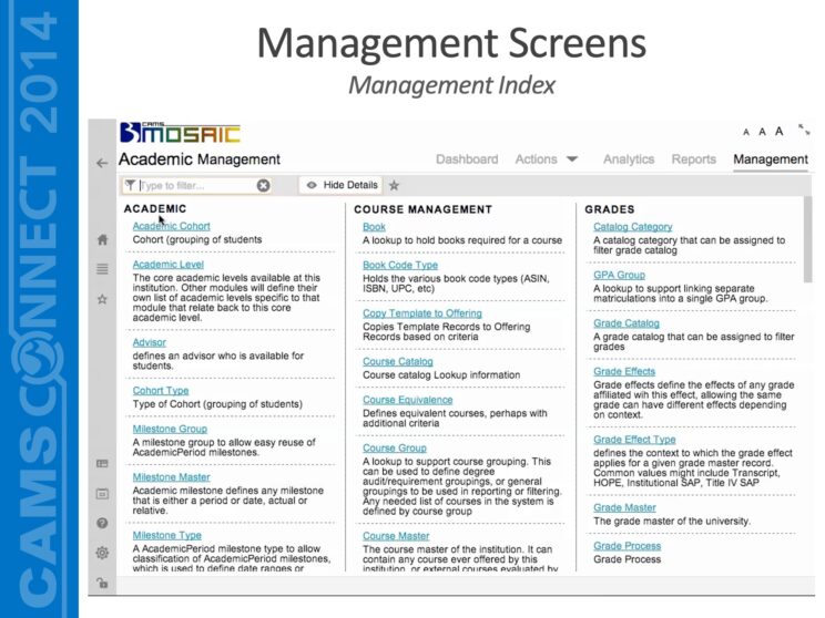PowerPoint slide titled "Management Screens - Management Index"