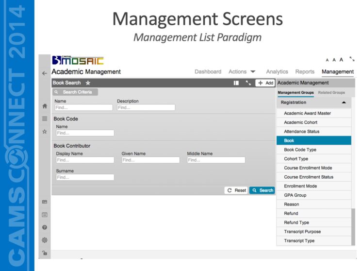 PowerPoint slide titled "Management Screens - Management List Paradigm"