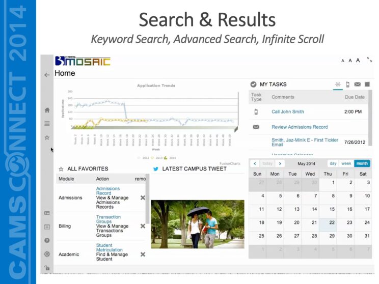PowerPoint slide titled "Search & Results - Keyword Search, Advanced Search, Infinite Scroll"