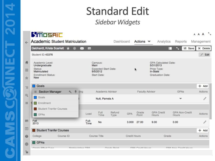 PowerPoint slide titled "Standard Edit - Sidebar Widgets" - Depicts the 'Section Manager' widget.