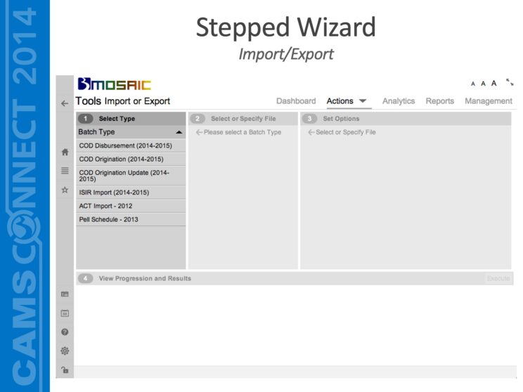 PowerPoint slide titled "Stepped Wizard - Import/Export"